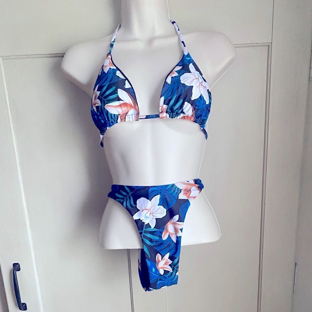 Tropical Print Triangle String Bikini M L - Picture 2 of 10